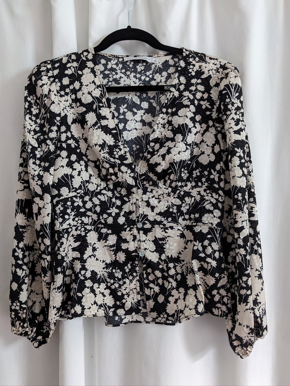 Rebecca Minkoff Womens Cindy Blouse Size Small Black Ivory Floral Long Sleeve
